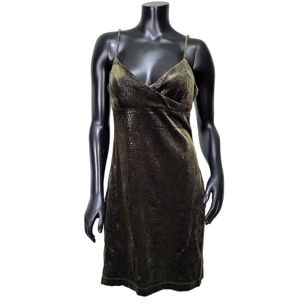 Vintage 90s Y2K Rampage Olive Green Snakeskin Velvet Mini Dress Womens Size M